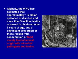 • Globally, the WHO has
estimated that
approximately 1.5 billion
episodes of diarrhea and
more than 3 million deaths
occurred in children under
5 years of age, and a
significant proportion of
these results from
consumption of food
mainly food of animal
origin with microbial
pathogens and toxins
 