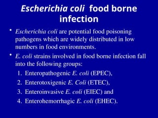 Escherichia coli food borne
infection
• Escherichia coli are potential food poisoning
pathogens which are widely distributed in low
numbers in food environments.
• E. coli strains involved in food borne infection fall
into the following groups:
1. Enteropathogenic E. coli (EPEC),
2. Enterotoxigenic E. Coli (ETEC),
3. Enteroinvasive E. coli (EIEC) and
4. Enterohemorrhagic E. coli (EHEC).
 