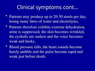 Clinical symptoms cont…
• Patients may produce up to 20-30 stools per day,
losing many litres of water and electrolytes,
• Patients therefore exhibits extreme dehydration,
urine is suppressed, the skin becomes wrinkled,
the eyeballs are sunken and the voice becomes
weak and husky.
• Blood pressure falls, the heart sounds become
barely audible and the pulse become rapid and
weak just before death.
 