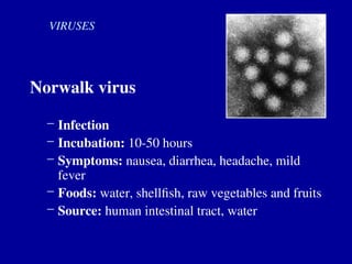 Norwalk virus
– Infection
– Incubation: 10-50 hours
– Symptoms: nausea, diarrhea, headache, mild
fever
– Foods: water, shellfish, raw vegetables and fruits
– Source: human intestinal tract, water
VIRUSES
 