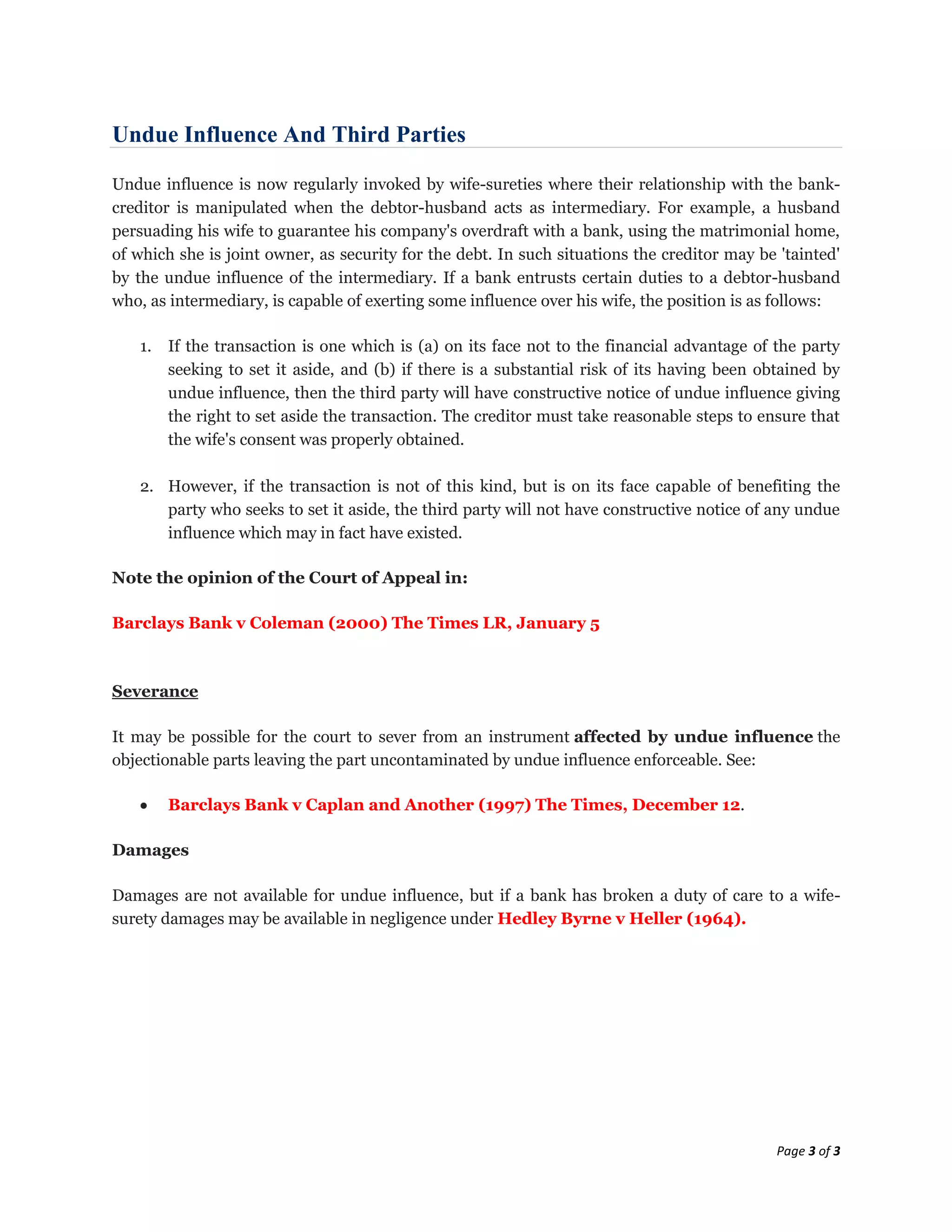 Lecture 14 undue influence - notes | DOCX