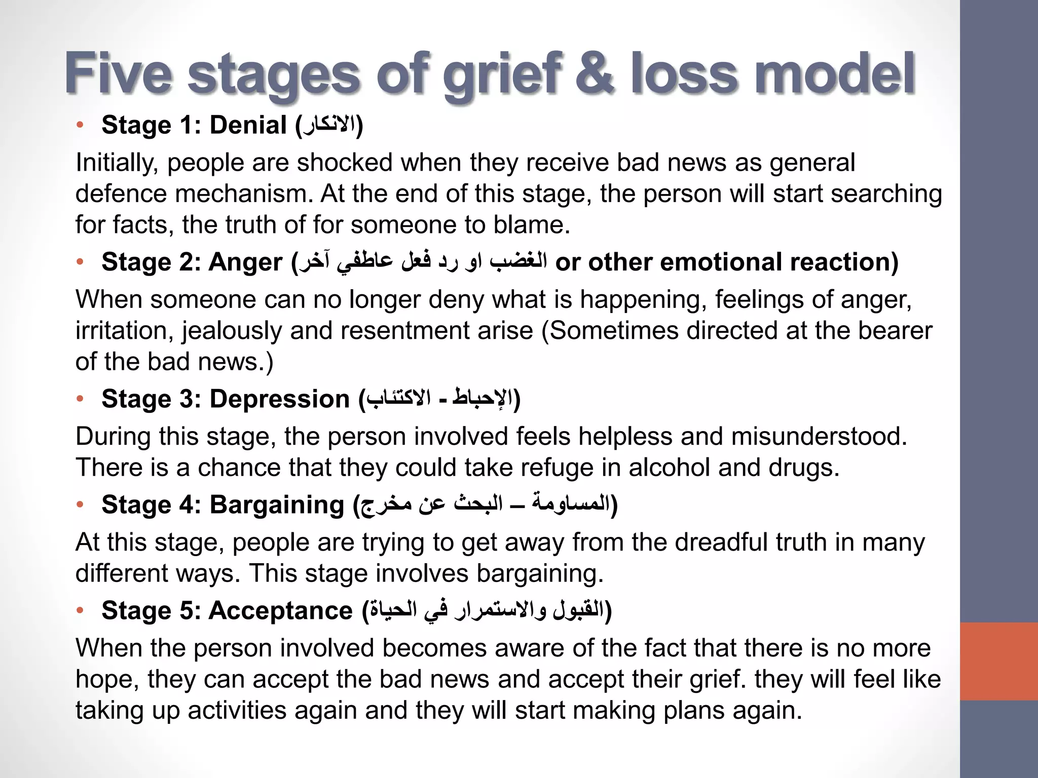 Five stages of grief & loss model
• Stage 1: Denial (‫)االنكار‬
Initially, people are shocked when they receive bad news as general
defence mechanism. At the end of this stage, the person will start searching
for facts, the truth of for someone to blame.
• Stage 2: Anger (‫آخر‬ ‫عاطفي‬ ‫فعل‬ ‫رد‬ ‫او‬ ‫الغضب‬ or other emotional reaction)
When someone can no longer deny what is happening, feelings of anger,
irritation, jealously and resentment arise (Sometimes directed at the bearer
of the bad news.)
• Stage 3: Depression ( ‫اإلحباط‬-‫االكتئاب‬ )
During this stage, the person involved feels helpless and misunderstood.
There is a chance that they could take refuge in alcohol and drugs.
• Stage 4: Bargaining ( ‫المساومة‬–‫مخرج‬ ‫عن‬ ‫البحث‬ )
At this stage, people are trying to get away from the dreadful truth in many
different ways. This stage involves bargaining.
• Stage 5: Acceptance (‫الحياة‬ ‫في‬ ‫واالستمرار‬ ‫)القبول‬
When the person involved becomes aware of the fact that there is no more
hope, they can accept the bad news and accept their grief. they will feel like
taking up activities again and they will start making plans again.
 
