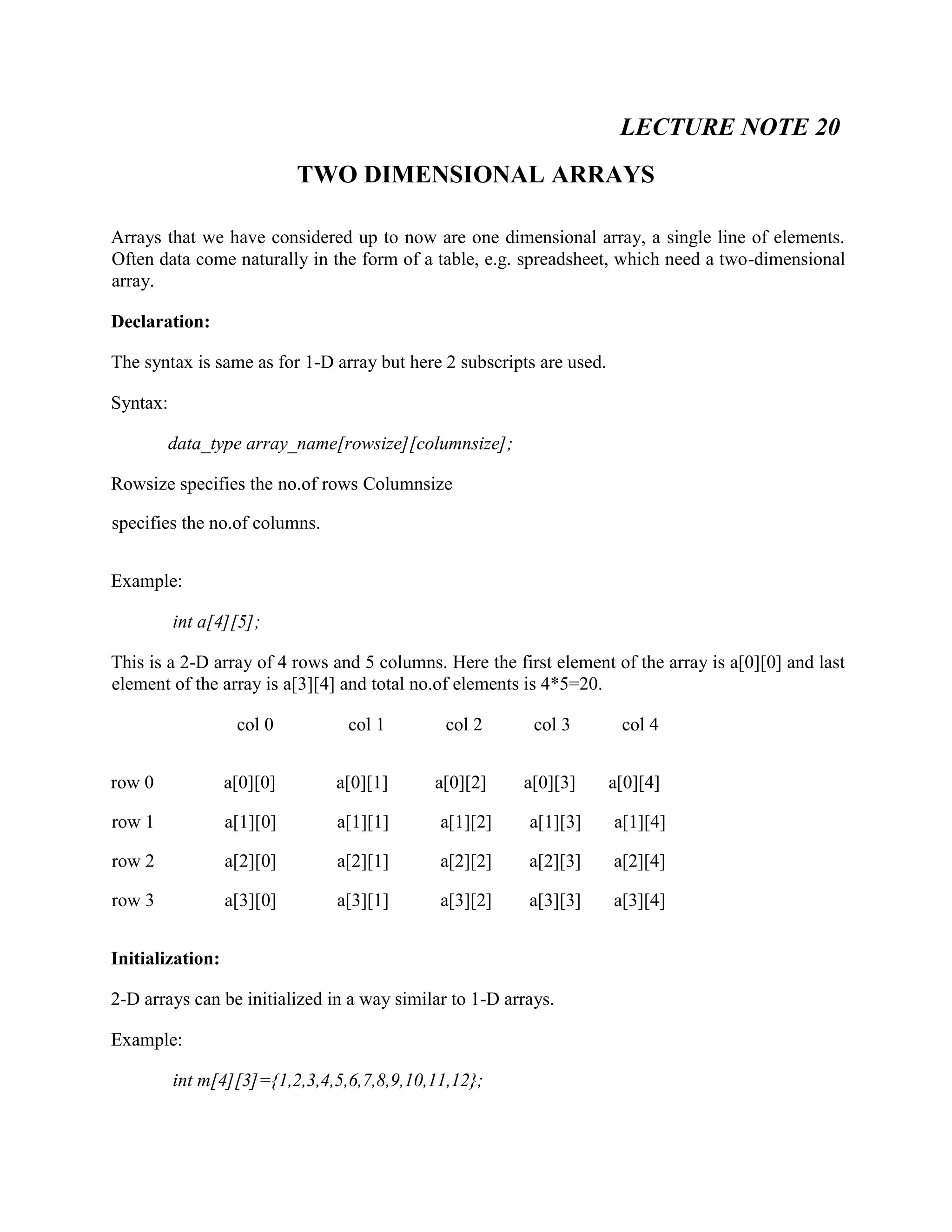 LECTURE NOTE 20
TWO DIMENSIONAL ARRAYS
Arrays that we have considered up to now are one dimensional array, a single line of elements.
Often data come naturally in the form of a table, e.g. spreadsheet, which need a two-dimensional
array.
Declaration:
The syntax is same as for 1-D array but here 2 subscripts are used.
Syntax:
data_type array_name[rowsize][columnsize];
Rowsize specifies the no.of rows Columnsize
specifies the no.of columns.
Example:
int a[4][5];
This is a 2-D array of 4 rows and 5 columns. Here the first element of the array is a[0][0] and last
element of the array is a[3][4] and total no.of elements is 4*5=20.
col 0 col 1 col 2 col 3 col 4
row 0 a[0][0] a[0][1] a[0][2] a[0][3] a[0][4]
row 1 a[1][0] a[1][1] a[1][2] a[1][3] a[1][4]
row 2 a[2][0] a[2][1] a[2][2] a[2][3] a[2][4]
row 3 a[3][0] a[3][1] a[3][2] a[3][3] a[3][4]
Initialization:
2-D arrays can be initialized in a way similar to 1-D arrays.
Example:
int m[4][3]={1,2,3,4,5,6,7,8,9,10,11,12};
 