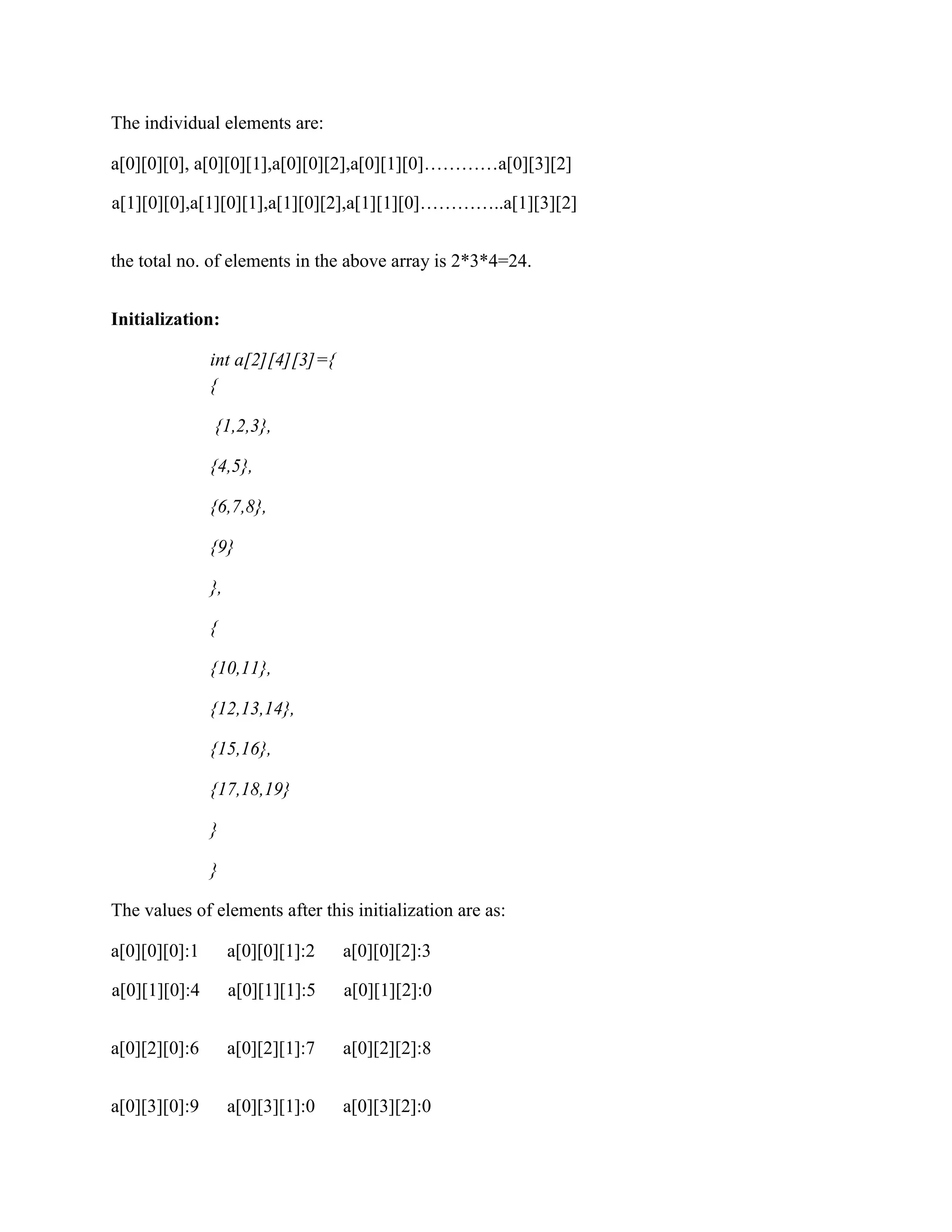 The individual elements are:
a[0][0][0], a[0][0][1],a[0][0][2],a[0][1][0]…………a[0][3][2]
a[1][0][0],a[1][0][1],a[1][0][2],a[1][1][0]…………..a[1][3][2]
the total no. of elements in the above array is 2*3*4=24.
Initialization:
int a[2][4][3]={
{
{1,2,3},
{4,5},
{6,7,8},
{9}
},
{
{10,11},
{12,13,14},
{15,16},
{17,18,19}
}
}
The values of elements after this initialization are as:
a[0][0][0]:1 a[0][0][1]:2 a[0][0][2]:3
a[0][1][0]:4 a[0][1][1]:5 a[0][1][2]:0
a[0][2][0]:6 a[0][2][1]:7 a[0][2][2]:8
a[0][3][0]:9 a[0][3][1]:0 a[0][3][2]:0
 