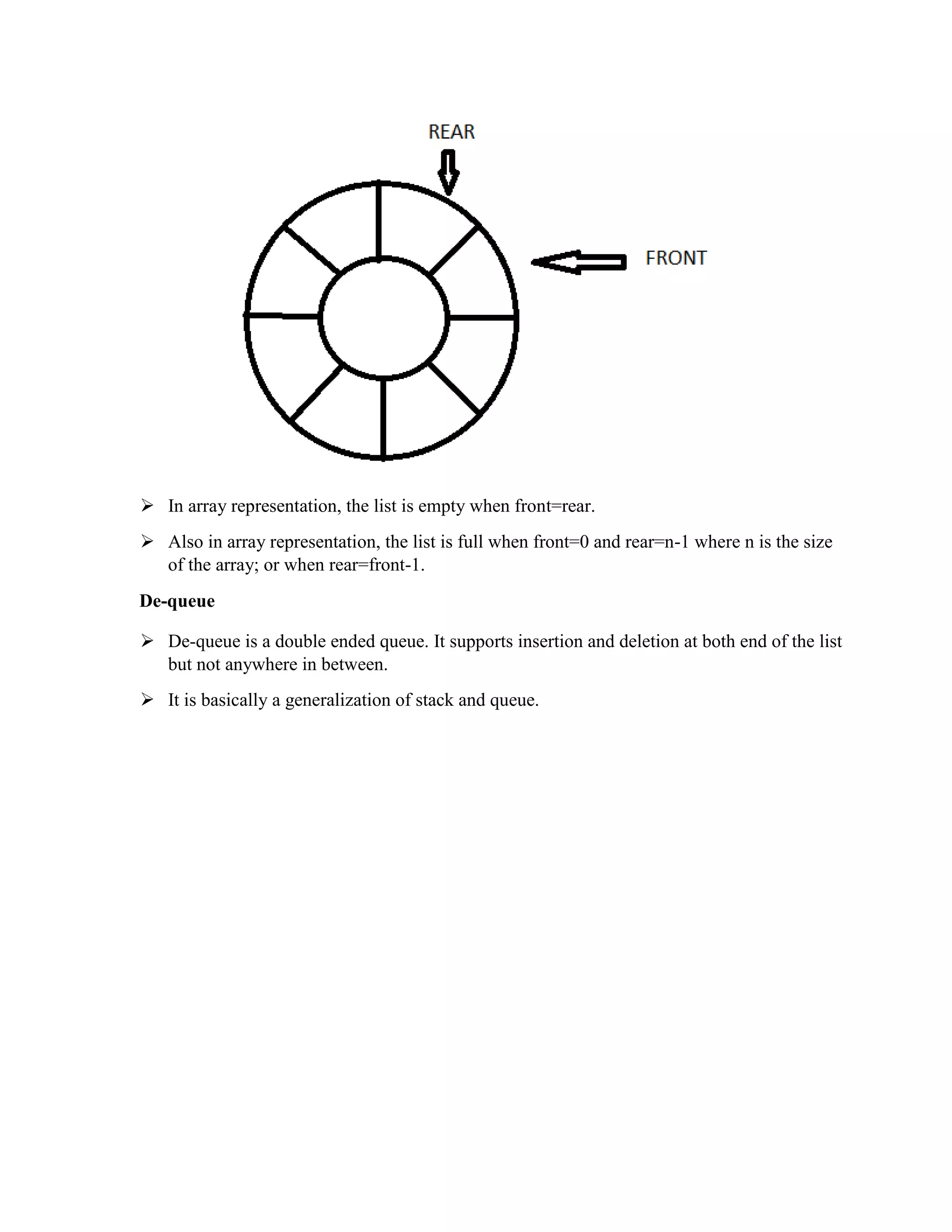  In array representation, the list is empty when front=rear.
 Also in array representation, the list is full when front=0 and rear=n-1 where n is the size
of the array; or when rear=front-1.
De-queue
 De-queue is a double ended queue. It supports insertion and deletion at both end of the list
but not anywhere in between.
 It is basically a generalization of stack and queue.
 