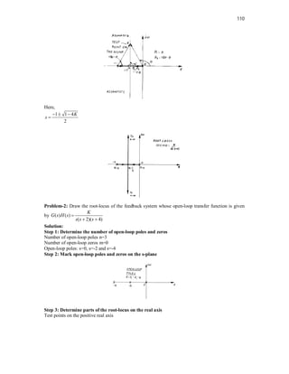 110
Here,
1 1 4
2
K
s
  

Problem-2: Draw the root-locus of the feedback system whose open-loop transfer function is given
by ( ) ( )
( 2)( 4)
K
G s H s
s s s

 
Solution:
Step 1: Determine the number of open-loop poles and zeros
Number of open-loop poles n=3
Number of open-loop zeros m=0
Open-loop poles: s=0, s=-2 and s=-4
Step 2: Mark open-loop poles and zeros on the s-plane
Step 3: Determine parts of the root-locus on the real axis
Test points on the positive real axis
 