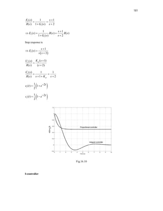 181
1
1
( ) 1 1
( ) 1 ( ) 2
E s s
R s G s s

 
 
1
1
1 1
( ) ( ) ( )
1 ( ) 2
s
E s R s R s
G s s

  
 
Step response is
 
1
1
( )
2
s
E s
s s

 

1
( 1)
( )
( ) ( 2)
p
K s
U s
R s s



1( ) 1 1
( ) 1 2
p
C s
R s s K s
 
  
 
1
1 2
( ) 1
2
t
e t e
 
 
1
1 2
( ) 1
2
t
c t e
 
Fig.16.10
I-controller
 