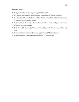 202
Reference Books
1. K. Ogata, “Modern Control Engineering”, 4th
Edition, PHI.
2. I. J. Nagrath and M. Gopal, “Control System Engineering”, 4th
Edition, New Age.
3. J. J. Distefano, III, A. R. Stubberud and I. J. Williams, “Feedback and Control Systems”,
2nd
Edition, TMH, Schaums Outlines.
4. G. F. Franklin, J. D. Powell, A. Emami, Naini, “Feedback Control of Dynamic Systems”,
4th
Edition, Pearson Education.
5. B. C. Kuo and F. Golnaraghi, “Automatic Control Systems”, 8th
Edition, John Wiley and
Sons.
6. S. Ghosh, “Control Systems: Theory and Applications”, 2nd
Edition, Pearson.
7. D. RoyChaudhury, “Modern Control Engineering”, 4th
Edition, PHI.
 