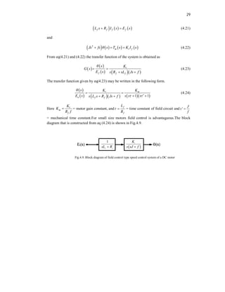 29
     
f f f f
L s R I s E s
  (4.21)
and
       
2
m t f
Js fs s T s K I s

   (4.22)
From eq(4.21) and (4.22) the transfer function of the system is obtained as
 
 
    
t
f f f
s K
G s
E s s R sL Js f

 
 
(4.23)
The transfer function given by eq(4.23) may be written in the following form.
 
       
1 1
t m
a f f
s K K
E s s s s
s L s R Js f

 
 
 
 

(4.24)
Here t
m
f
K
K
R f
 = motor gain constant, and
f
f
L
R
  = time constant of field circuit and
J
f
  
= mechanical time constant.For small size motors field control is advantageous.The block
diagram that is constructed from eq (4.24) is shown in Fig.4.9.
Ef(s) Ө(s)
 
t
K
s sJ f

1
f f
sL R

Fig.4.9. Block diagram of field control type speed control system of a DC motor
 