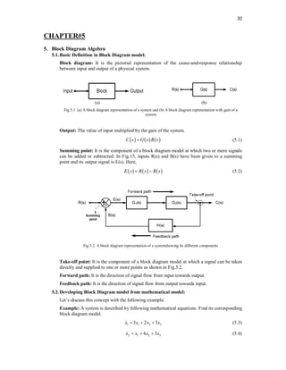 30
CHAPTER#5
5. Block Diagram Algebra
5.1.Basic Definition in Block Diagram model:
Block diagram: It is the pictorial representation of the cause-and-response relationship
between input and output of a physical system.
(a) (b)
Fig.5.1. (a) A block diagram representation of a system and (b) A block diagram representation with gain of a
system
Output: The value of input multiplied by the gain of the system.
     
C s G s R s
 (5.1)
Summing point: It is the component of a block diagram model at which two or more signals
can be added or subtracted. In Fig.15, inputs R(s) and B(s) have been given to a summing
point and its output signal is E(s). Here,
     
E s R s B s
  (5.2)
Fig.5.2. A block diagram representation of a systemshowing its different components
Take-off point: It is the component of a block diagram model at which a signal can be taken
directly and supplied to one or more points as shown in Fig.5.2.
Forward path: It is the direction of signal flow from input towards output.
Feedback path: It is the direction of signal flow from output towards input.
5.2.Developing Block Diagram model from mathematical model:
Let’s discuss this concept with the following example.
Example: A system is described by following mathematical equations. Find its corresponding
block diagram model.
1 1 2 3
3 2 5
x x x x
  
 (5.3)
2 1 2 3
4 3
x x x x
  
 (5.4)
 