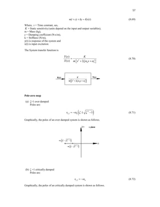 57
( )
my cy ky Kx t
  
  (8.69)
Where,  = Time constant, sec,
K = Static sensitivity (units depend on the input and output variables),
m = Mass (kg),
c = Damping coefficient (N-s/m),
k = Stiffness (N/m),
y(t) is response of the system and
x(t) is input excitation
The System transfer function is
 
2 2
( )
( ) 2 n n
Y s K
X s m s s
 

 
(8.70)
Pole-zero map
(a) ζ>1 over damped
Poles are:
 
2
1,2 1
n
s   
    (8.71)
Graphically, the poles of an over damped system is shown as follows.
(b) ζ =1 critically damped
Poles are:
1,2 n
s 
  (8.72)
Graphically, the poles of an critically damped system is shown as follows.
 