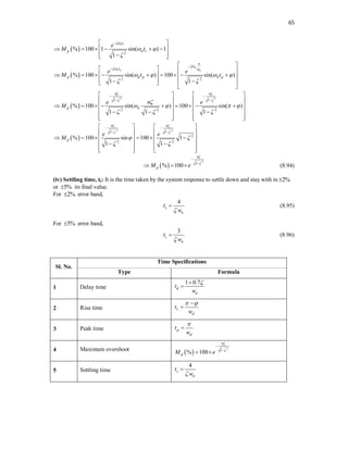 65
  2
% 100 1 sin( ) 1
1
n r
t
p d r
e
M t

 


 
 
     
 

 
  2 2
% 100 sin( ) 100 sin( )
1 1
n
n p d
t
p d p d p
e e
M t t


 
   
 


 
   
 
        
 
 
 
 
 
 
 
2 2
1 1
2 2 2
% 100 sin( ) 100 sin( )
1 1 1
p d
e e
M
 
 

   
  
 
 
   
   
        
   
   
  
   
   
 
2 2
1 1
2
2 2
% 100 sin 100 1
1 1
p
e e
M
 
 
 
 
 
 
   
   
     
   
   
 
   
   
 
2
1
% 100
p
M e




   (8.94)
(iv) Settling time, ts: It is the time taken by the system response to settle down and stay with in 2%

or 5%
 its final value.
For 2%
 error band,
4
s
n
t
w

 (8.95)
For 5%
 error band,
3
s
n
t
w

 (8.96)
Sl. No.
Time Specifications
Type Formula
1 Delay time
1 0.7
d
n
t
w



2 Rise time r
d
t
w
 


3 Peak time p
d
t
w


4 Maximum overshoot
 
2
1
% 100
p
M e




 
5 Settling time
4
s
n
t
w


 
