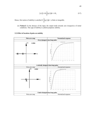 69
   
1 2
0
c t M g d M
 

 
 (9.7)
Hence, first notion of stability is satisfied if  
0
g d
 

 is finite or integrable.
(ii) Notion-2: In the absence of the input, the output tends towards zero irrespective of initial
conditions. This type of stability is called asymptotic stability.
2.2.Effect of location of poles on stability
Pole-zero map Normalized response
Over-damped close-loop poles
Critically damped close-loop poles
Pole-zero map Normalized response
Under-dampedclose-loop poles
Pole-zero map Normalized response
 