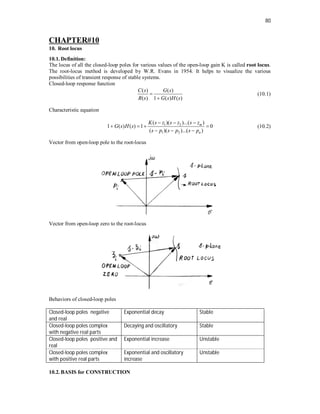 80
CHAPTER#10
10. Root locus
10.1. Definition:
The locus of all the closed-loop poles for various values of the open-loop gain K is called root locus.
The root-locus method is developed by W.R. Evans in 1954. It helps to visualize the various
possibilities of transient response of stable systems.
Closed-loop response function
( ) ( )
( ) 1 ( ) ( )
C s G s
R s G s H s


(10.1)
Characteristic equation
1 2
1 2
( )( )...( )
1 ( ) ( ) 1 0
( )( )...( )
m
n
K s z s z s z
G s H s
s p s p s p
  
   
  
(10.2)
Vector from open-loop pole to the root-locus
Vector from open-loop zero to the root-locus
Behaviors of closed-loop poles
Closed-loop poles negative
and real
Exponential decay Stable
Closed-loop poles complex
with negative real parts
Decaying and oscillatory Stable
Closed-loop poles positive and
real
Exponential increase Unstable
Closed-loop poles complex
with positive real parts
Exponential and oscillatory
increase
Unstable
10.2. BASIS for CONSTRUCTION
 