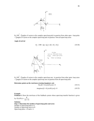 85
d=180
o
- angles of vectors to the complex open-loop pole in question from other open - loop poles
+ angles of vectors to the complex open-loop pole in question from all open-loop zeros
Angle of arrival
1 3 1 2 3
180 ( ) ( )
a
     
      (10.30)
a=180
o
- angles of vectors to the complex open-loop zero in question from other open- loop zeros
+ angles of vectors to the complex open-loop zero in question from all open-loop poles
Determine points on the root-locus crossing imaginary axis
Re [1 ( ) ( )] 0
al G j H j
 
  (10.31)
[1 ( ) ( )] 0
imaginary G j H j
 
  (10.32)
Example
Problem-1: Draw the root-locus of the feedback system whose open-loop transfer function is given
by ( ) ( )
( 1)
K
G s H s
s s


Solution:
Step 1: Determine the number of open-loop poles and zeros
Number of open-loop poles n=2
Number of open-loop zeros m=0
Open-loop poles: s=0 and s=-1
 