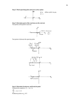 86
Step 2: Mark open-loop poles and zeros on the s-plane
Step 3: Determine parts of the root-locus on the real axis
Test points on the positive real axis
Test points in between the open-lop poles
Step 4: Determine breakaway and break-in point
Characteristic equation, ( 1)
K s s
  
2 1 0
dK
s
ds
   
breakaway point as σ
b
=-0.5
 