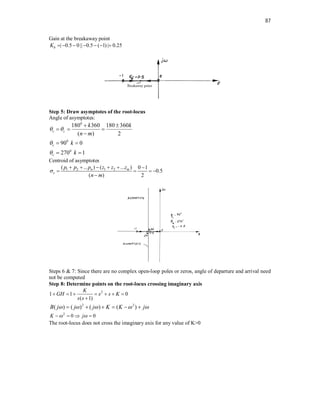 87
Gain at the breakaway point
| 0.5 0|| 0.5 ( 1) | 0.25
b
K       
Step 5: Draw asymptotes of the root-locus
Angle of asymptotes:
0
0
0
180 360 180 360
( ) 2
90 0
270 1
c c
c
c
k k
n m
k
k
 


 
  

 
 
Centroid of asymptotes
1 2 1 2
( ... ) ( ... ) 0 1
0.5
( ) 2
n m
c
p p p z z z
n m

     
   

Steps 6 & 7: Since there are no complex open-loop poles or zeros, angle of departure and arrival need
not be computed
Step 8: Determine points on the root-locus crossing imaginary axis
2
1 1 0
( 1)
K
GH s s K
s s
      

2 2
( ) ( ) ( ) ( )
B j j j K K j
    
     
2
0 0
K j
 
   
The root-locus does not cross the imaginary axis for any value of K>0
 
