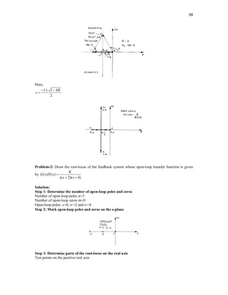 88
Here,
1 1 4
2
K
s
  

Problem-2: Draw the root-locus of the feedback system whose open-loop transfer function is given
by ( ) ( )
( 2)( 4)
K
G s H s
s s s

 
Solution:
Step 1: Determine the number of open-loop poles and zeros
Number of open-loop poles n=3
Number of open-loop zeros m=0
Open-loop poles: s=0, s=-2 and s=-4
Step 2: Mark open-loop poles and zeros on the s-plane
Step 3: Determine parts of the root-locus on the real axis
Test points on the positive real axis
 