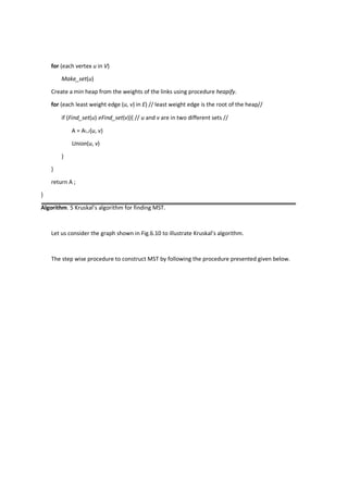 for (each vertex u in V)
Make_set(u)
Create a min heap from the weights of the links using procedure heapify.
for (each least weight edge (u, v) in E) // least weight edge is the root of the heap//
if (Find_set(u) ≠Find_set(v)){ // u and v are in two different sets //
A = A∪{u, v}
Union(u, v)
}
}
return A ;
}
Algorithm. 5 Kruskal’s algorithm for finding MST.
Let us consider the graph shown in Fig.6.10 to illustrate Kruskal’s algorithm.
The step wise procedure to construct MST by following the procedure presented given below.
 