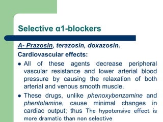 Selective α1-blockers
A- Prazosin, terazosin, doxazosin.
Cardiovascular effects:
 All of these agents decrease peripheral
vascular resistance and lower arterial blood
pressure by causing the relaxation of both
arterial and venous smooth muscle.
 These drugs, unlike phenoxybenzamine and
phentolamine, cause minimal changes in
cardiac output; thus The hypotensive effect is
more dramatic than non selective
 