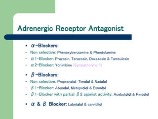 Adrenergic Receptor Antagonist
 α-Blockers:
- Non selective: Phenoxybenzamine & Phentolamine
- α1-Blocker: Prazosin, Terazosin, Doxazosin & Tamsulosin
- α2-Blocker: Yohimbine (Sympatholytic ?)
 β-Blockers:
- Non selective: Propranolol, Timolol & Nadolol
- β1-Blocker: Atenolol, Metoprolol & Esmolol
- β1-Blocker with partial β2 agonist activity: Acebutolol & Pindolol
 α & β Blocker: Labetalol & carvidilol
 
