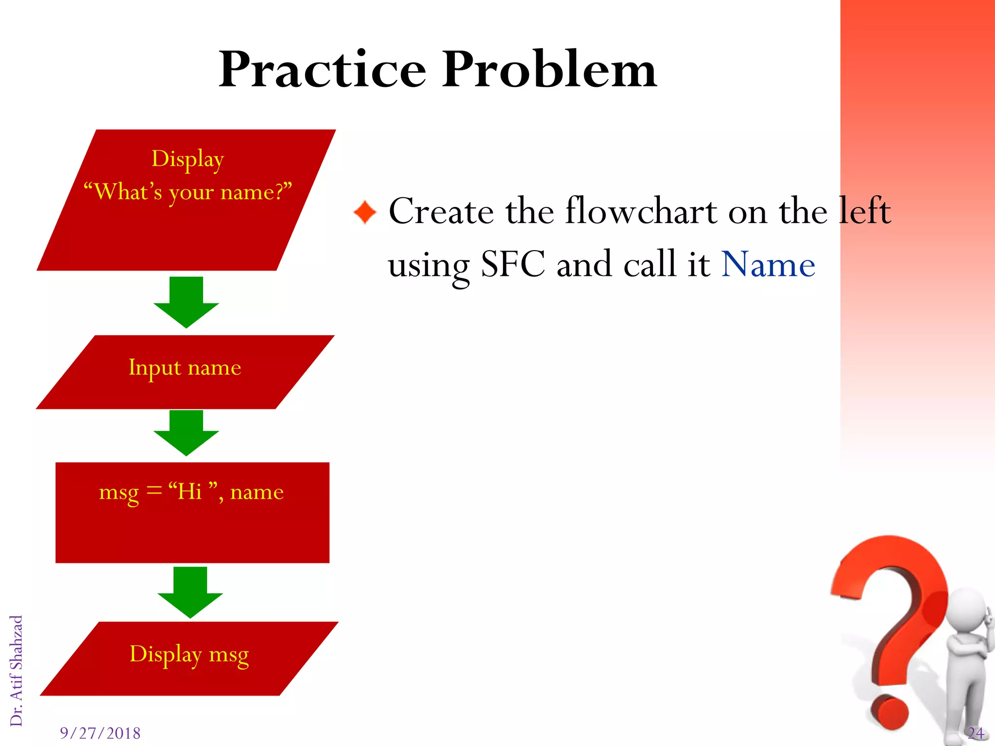 9/27/2018 24
Dr.AtifShahzad
Practice Problem
Create the flowchart on the left
using SFC and call it Name
Display
“What’s your name?”
Input name
msg = “Hi ”, name
Display msg
 