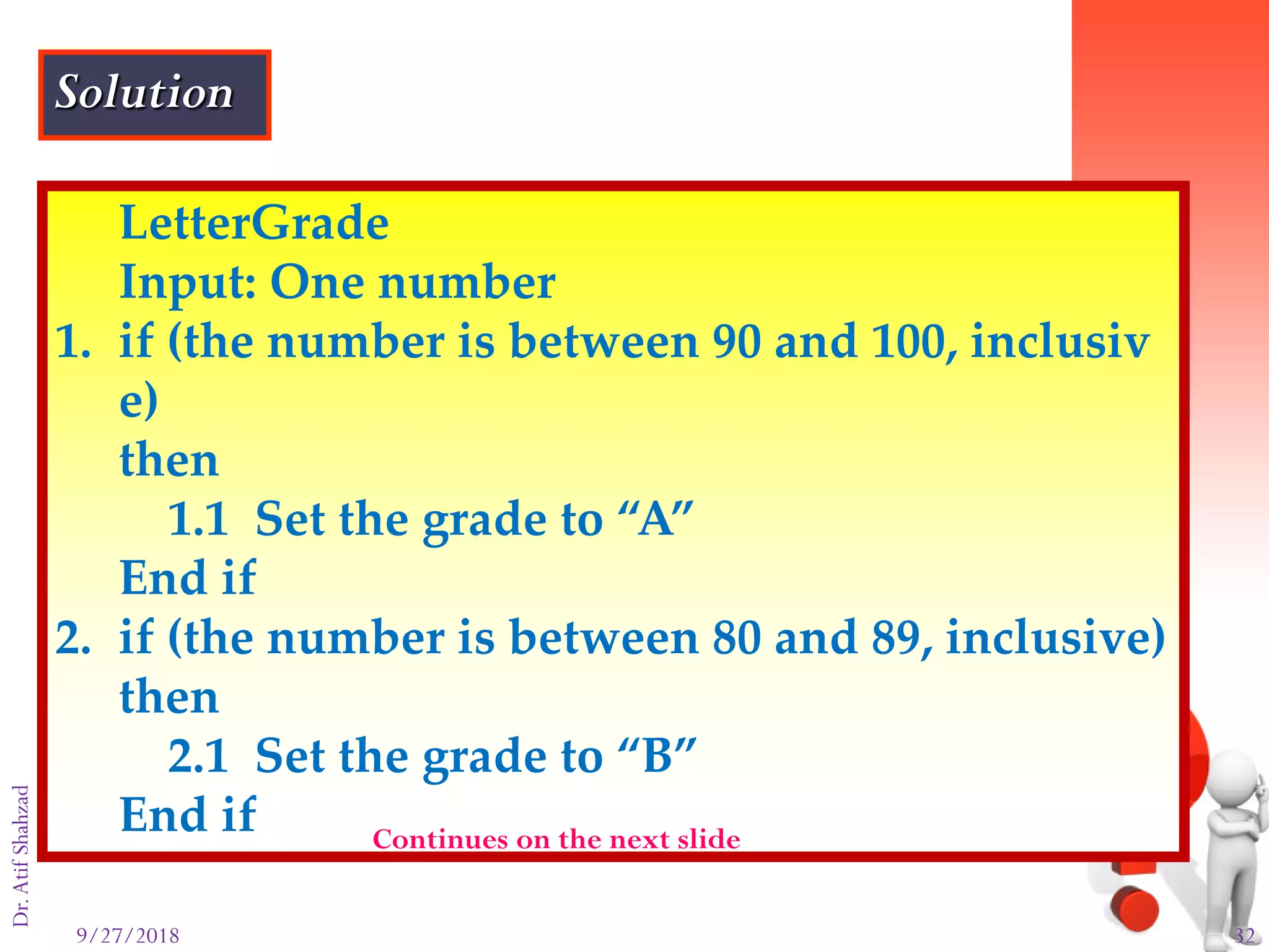 9/27/2018 32
Dr.AtifShahzad
LetterGrade
Input: One number
1. if (the number is between 90 and 100, inclusiv
e)
then
1.1 Set the grade to “A”
End if
2. if (the number is between 80 and 89, inclusive)
then
2.1 Set the grade to “B”
End if Continues on the next slide
Solution
 