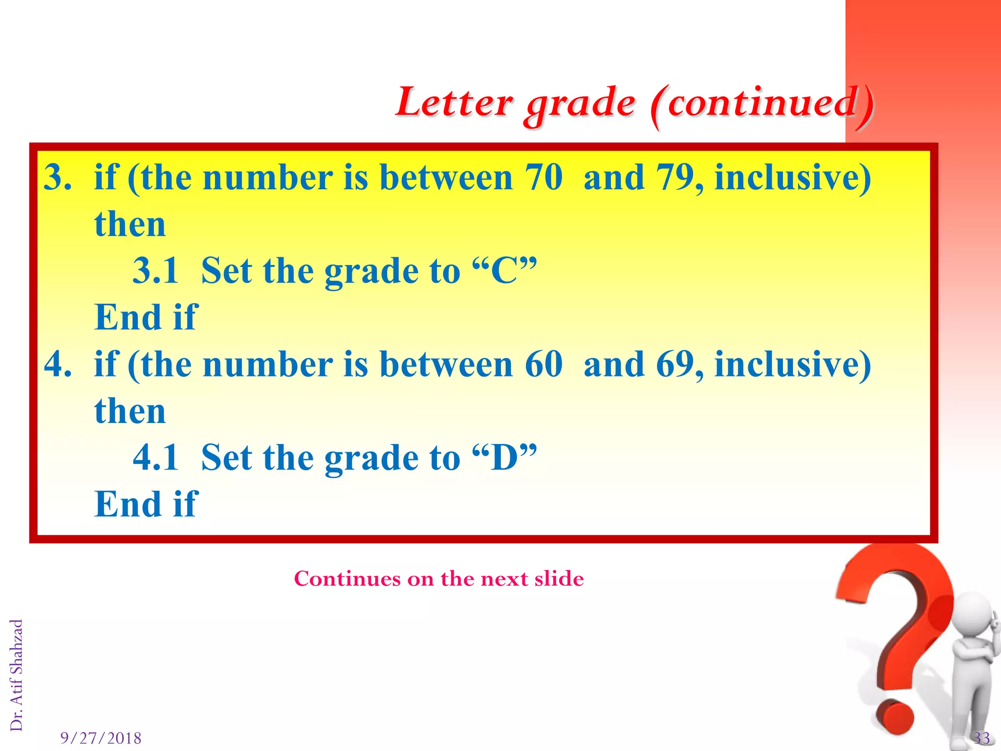 9/27/2018 33
Dr.AtifShahzad
3. if (the number is between 70 and 79, inclusive)
then
3.1 Set the grade to “C”
End if
4. if (the number is between 60 and 69, inclusive)
then
4.1 Set the grade to “D”
End if
Letter grade (continued)
Continues on the next slide
 