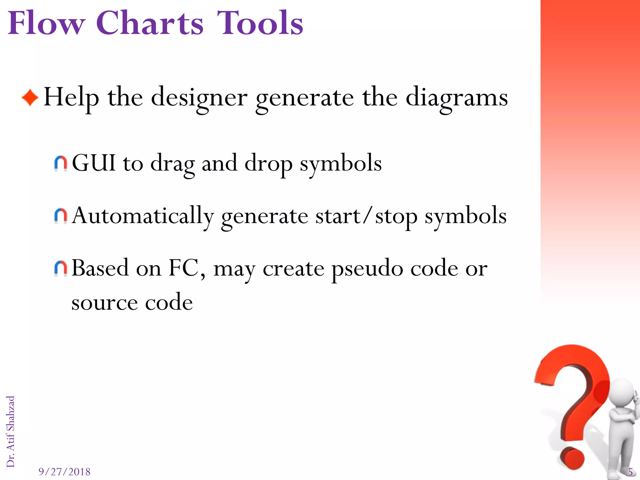 9/27/2018 5
Dr.AtifShahzad
Help the designer generate the diagrams
GUI to drag and drop symbols
Automatically generate start/stop symbols
Based on FC, may create pseudo code or
source code
Flow Charts Tools
 
