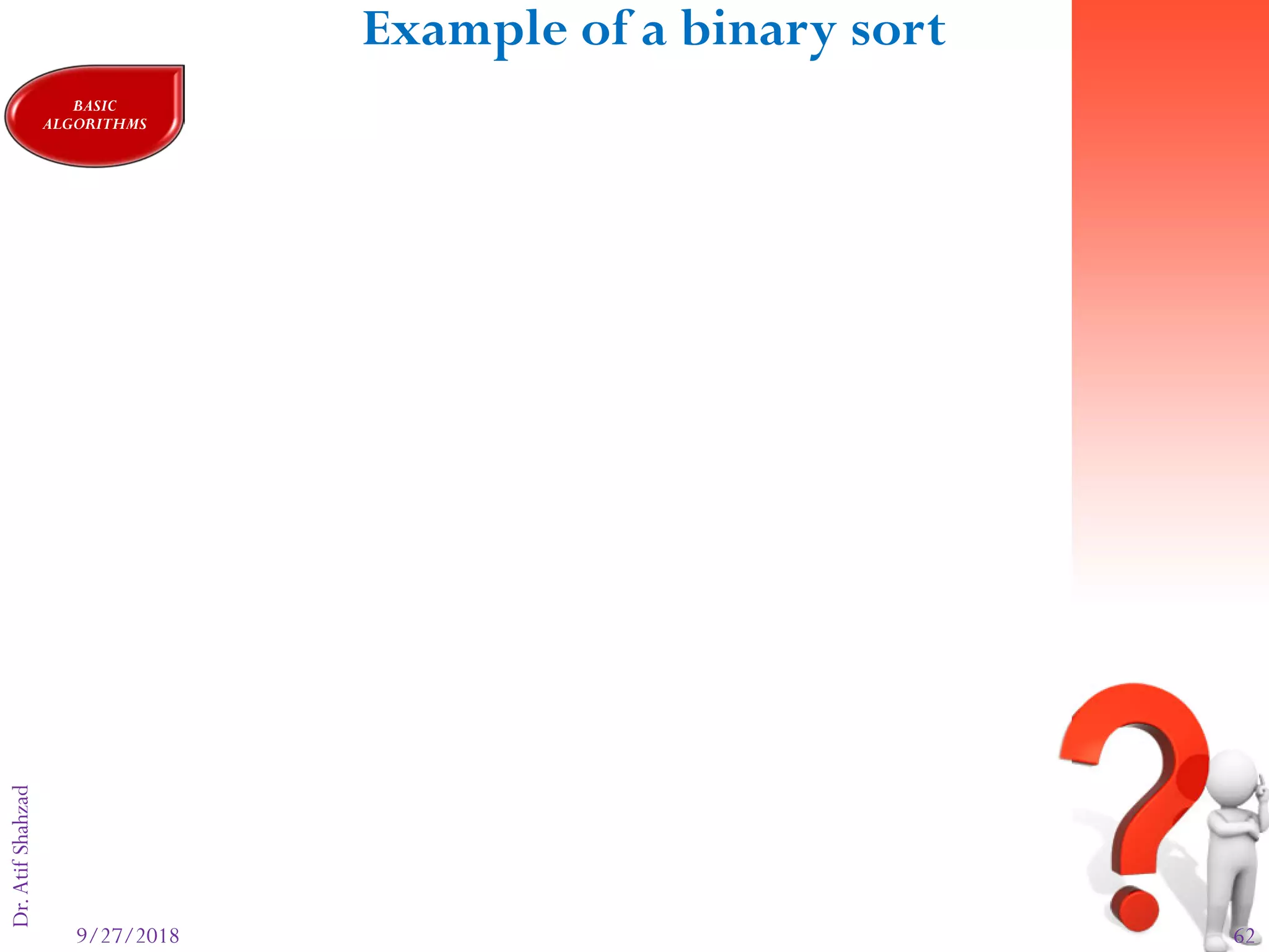 9/27/2018 62
Dr.AtifShahzadFigure 8-21 Example of a binary sort
BASIC
ALGORITHMS
 