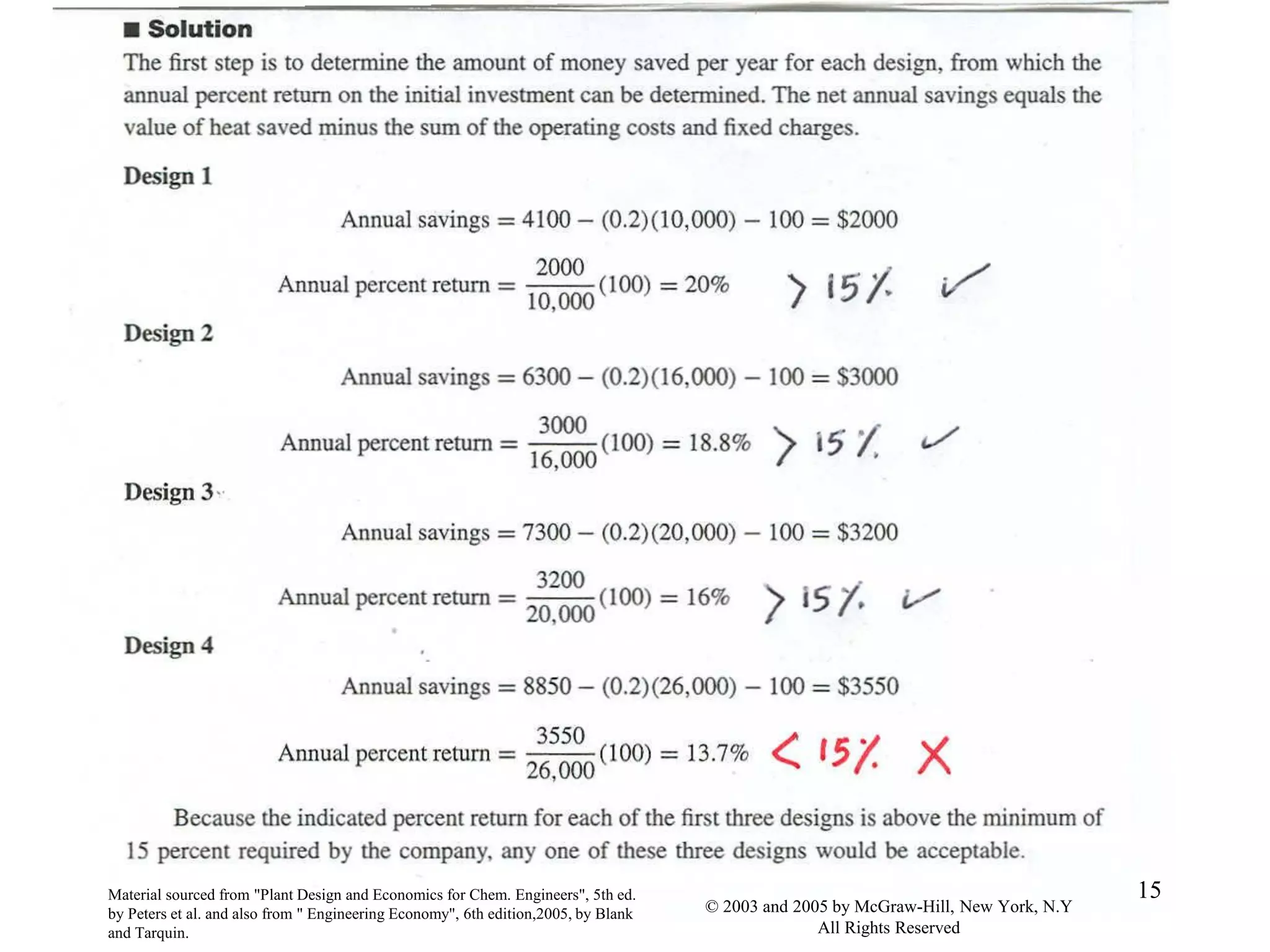Material sourced from "Plant Design and Economics for Chem. Engineers", 5th ed.
by Peters et al. and also from " Engineering Economy", 6th edition,2005, by Blank
and Tarquin.
15
© 2003 and 2005 by McGraw-Hill, New York, N.Y
All Rights Reserved
 