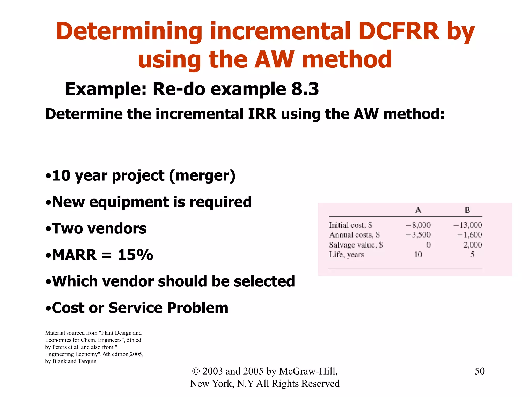 Determining incremental DCFRR by
using the AW method
Example: Re-do example 8.3
Determine the incremental IRR using the AW method:
•10 year project (merger)
•New equipment is required
•Two vendors
•MARR = 15%
•Which vendor should be selected
•Cost or Service Problem
Material sourced from "Plant Design and
Economics for Chem. Engineers", 5th ed.
by Peters et al. and also from "
Engineering Economy", 6th edition,2005,
by Blank and Tarquin.
50© 2003 and 2005 by McGraw-Hill,
New York, N.Y All Rights Reserved
 