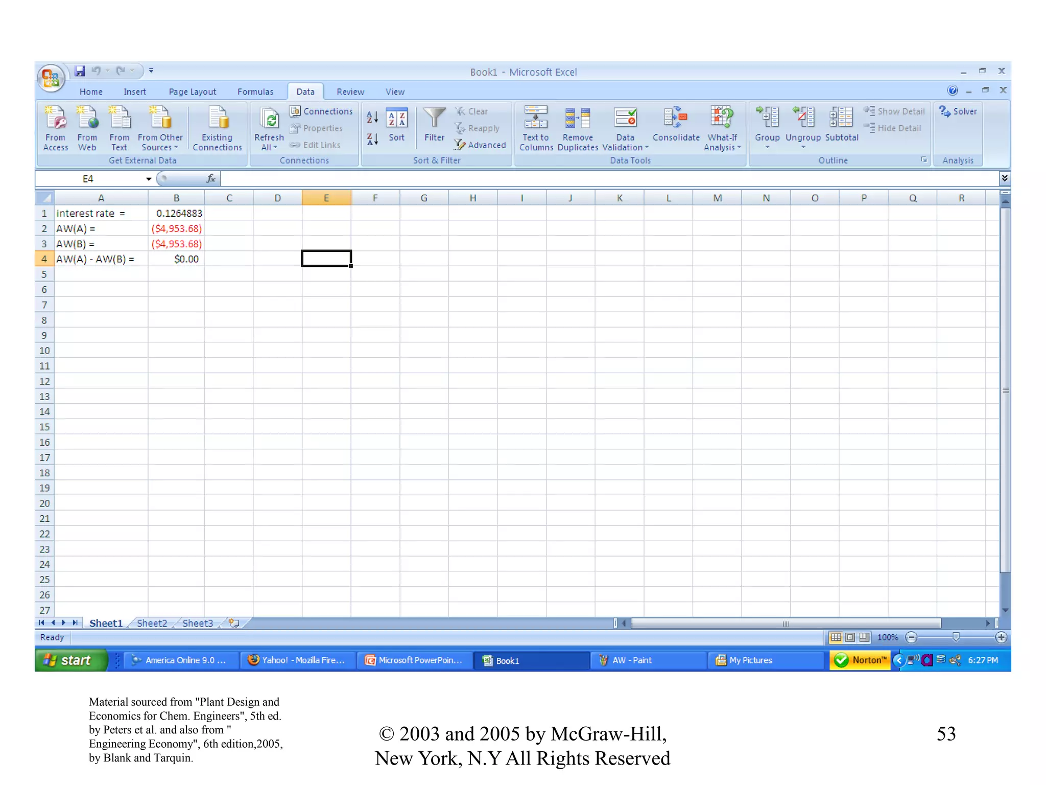 Material sourced from "Plant Design and
Economics for Chem. Engineers", 5th ed.
by Peters et al. and also from "
Engineering Economy", 6th edition,2005,
by Blank and Tarquin.
53© 2003 and 2005 by McGraw-Hill,
New York, N.Y All Rights Reserved
 
