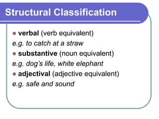 Structural Classification
 verbal (verb equivalent)
e.g. to catch at a straw
 substantive (noun equivalent)
e.g. dog’s life, white elephant
 adjectival (adjective equivalent)
e.g. safe and sound
 