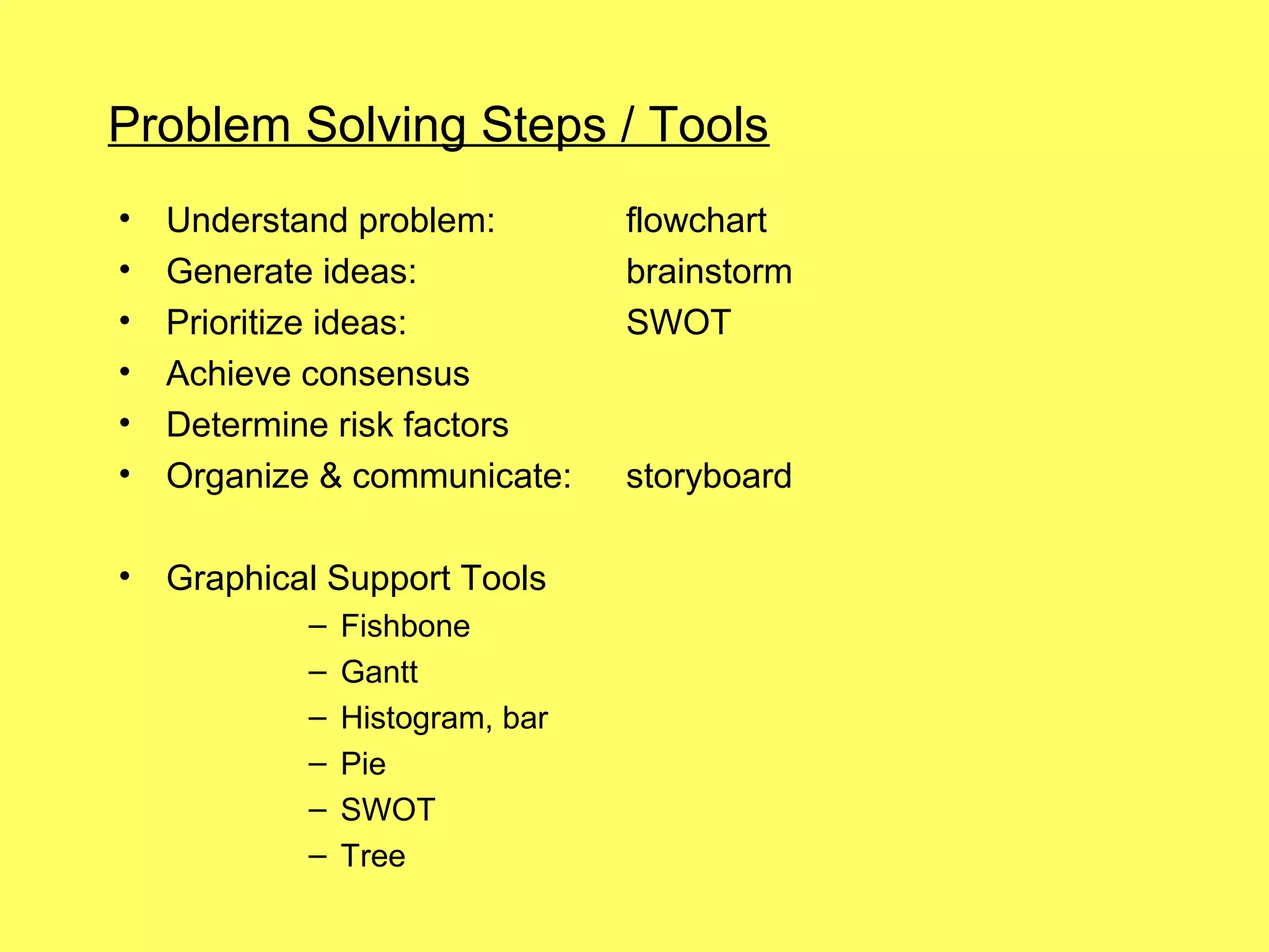 Problem Solving Steps / Tools
•   Understand problem:          flowchart
•   Generate ideas:              brainstorm
•   Prioritize ideas:            SWOT
•   Achieve consensus
•   Determine risk factors
•   Organize & communicate:      storyboard

•   Graphical Support Tools
            –   Fishbone
            –   Gantt
            –   Histogram, bar
            –   Pie
            –   SWOT
            –   Tree
 