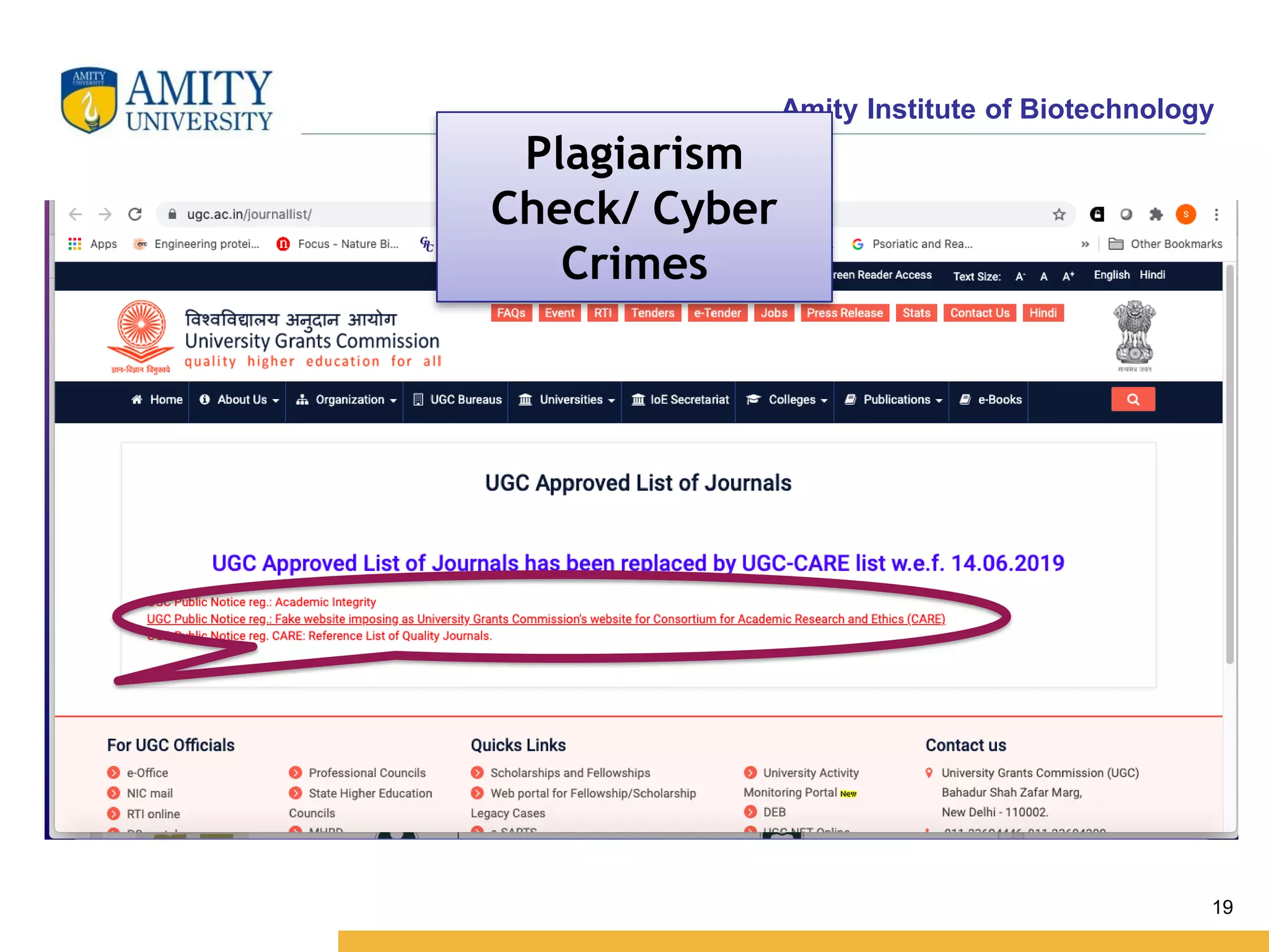 Amity Institute of Biotechnology
19
Plagiarism
Check/ Cyber
Crimes
 