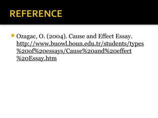  Ozagac, O. (2004). Cause and Effect Essay.
http://www.buowl.boun.edu.tr/students/types
%20of%20essays/Cause%20and%20effect
%20Essay.htm
 