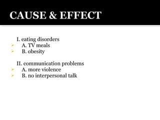 I. eating disorders
 A. TV meals
 B. obesity
II. communication problems
 A. more violence
 B. no interpersonal talk
 
