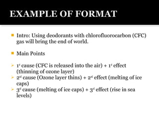  Intro: Using deodorants with chlorofluorocarbon (CFC)
gas will bring the end of world.
 Main Points
 1st
cause (CFC is released into the air) + 1st
effect
(thinning of ozone layer)
 2nd
cause (Ozone layer thins) + 2nd
effect (melting of ice
caps)
 3rd
cause (melting of ice caps) + 3rd
effect (rise in sea
levels)
 