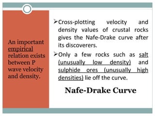 Nafe-Drake Curve An important  empirical  relation exists between P wave velocity and density. Cross-plotting velocity and density values of crustal rocks gives the Nafe-Drake curve after its discoverers. Only a few rocks such as  salt (unusually low density)  and  sulphide ores (unusually high densities)  lie off the curve. 