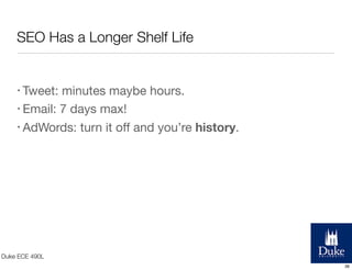 SEO Has a Longer Shelf Life

• Tweet:

minutes maybe hours.
• Email: 7 days max!
• AdWords: turn it oﬀ and you’re history.

Duke ECE 490L
36

 