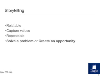 Storytelling

• Relatable
• Capture

values
• Repeatable
• Solve a problem or Create an opportunity

Duke ECE 490L
22

 