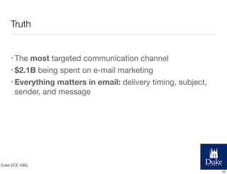 Truth

most targeted communication channel
• $2.1B being spent on e-mail marketing
• Everything matters in email: delivery...