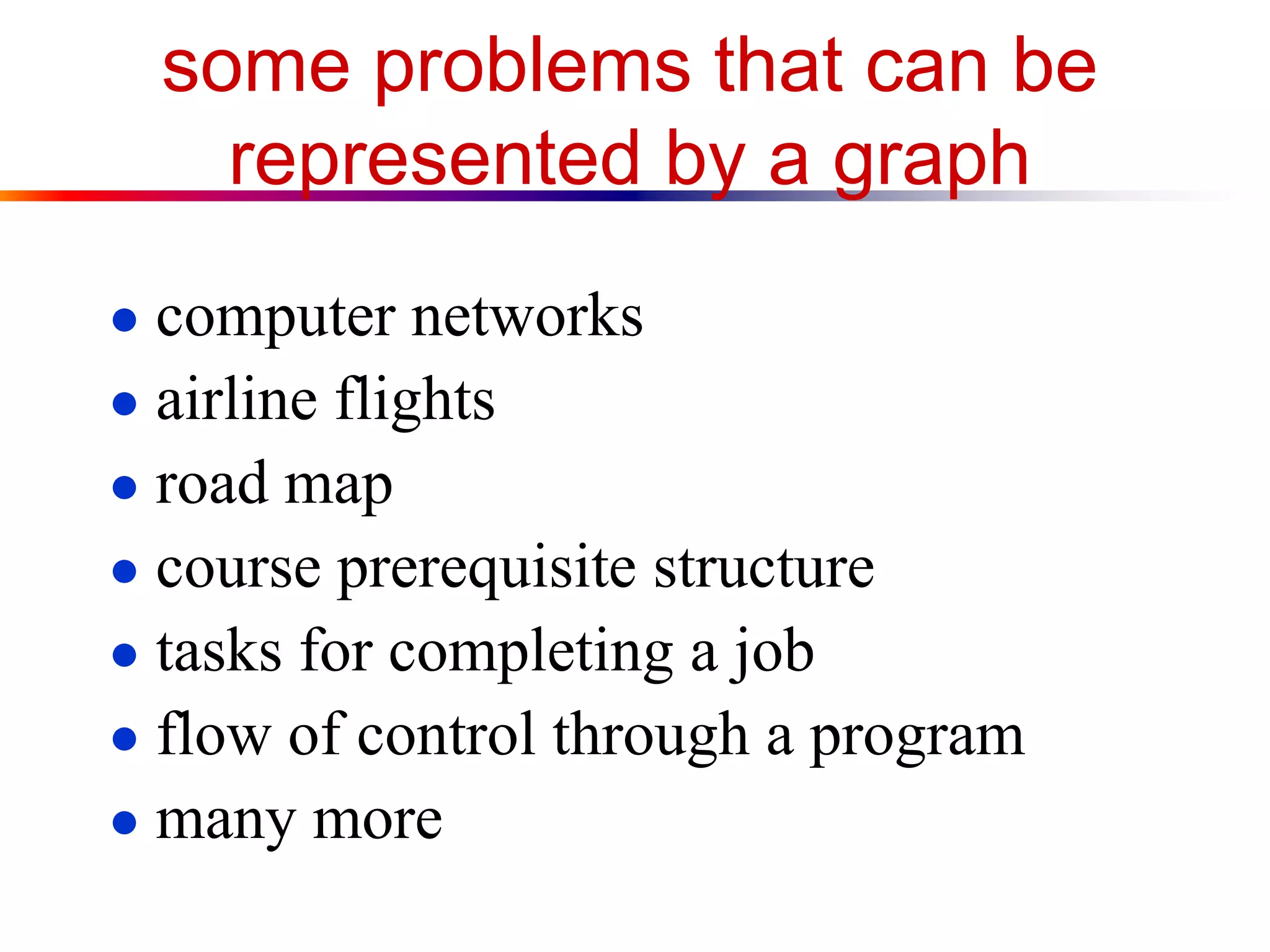 some problems that can be
represented by a graph
● computer networks
● airline flights
● road map
● course prerequisite structure
● tasks for completing a job
● flow of control through a program
● many more
 
