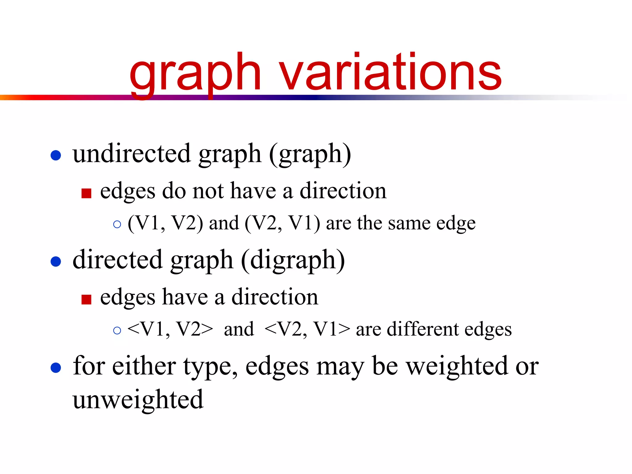 graph variations
● undirected graph (graph)
■ edges do not have a direction
○ (V1, V2) and (V2, V1) are the same edge
● directed graph (digraph)
■ edges have a direction
○ <V1, V2> and <V2, V1> are different edges
● for either type, edges may be weighted or
unweighted
 