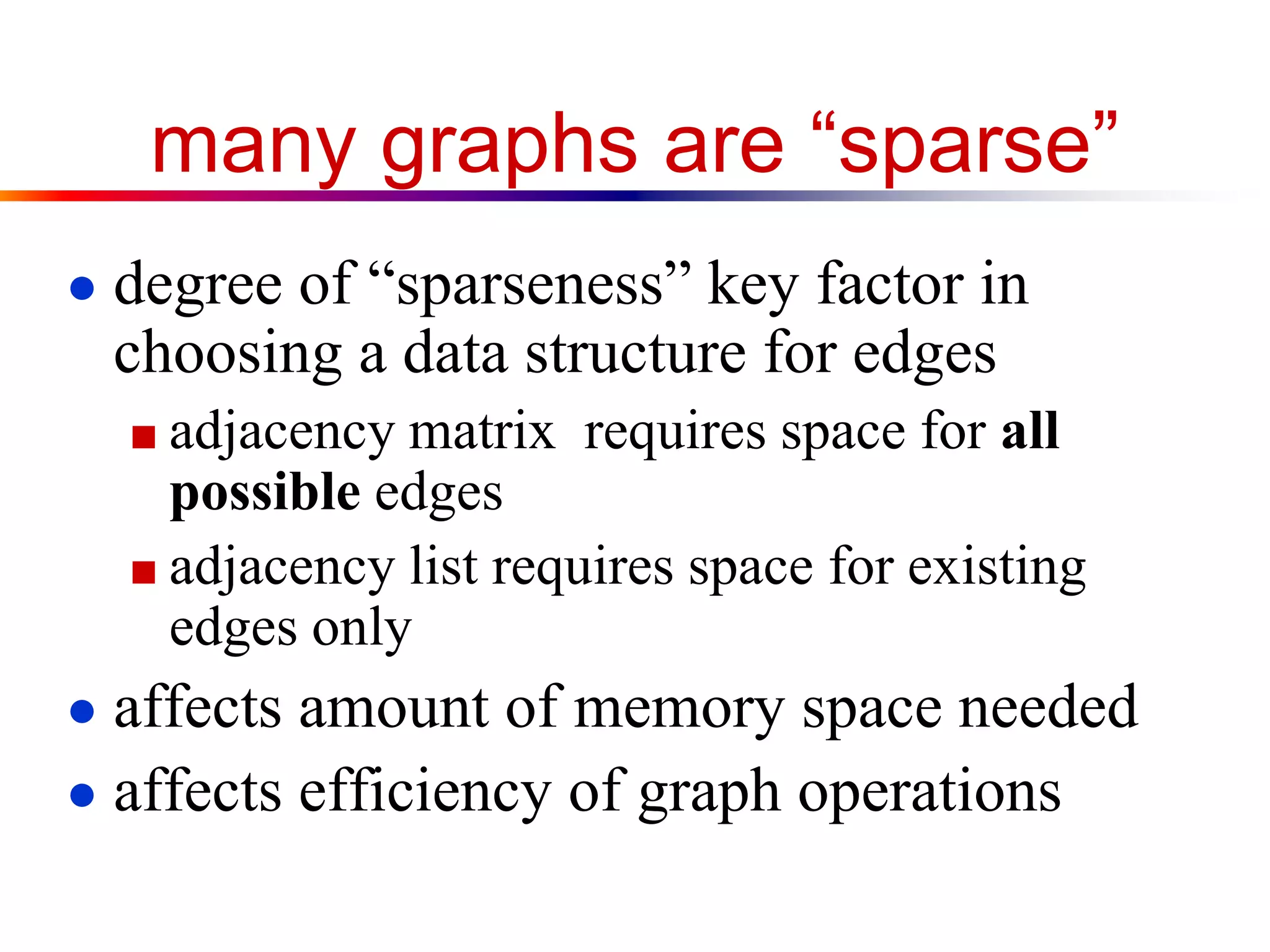 many graphs are “sparse”
● degree of “sparseness” key factor in
choosing a data structure for edges
■ adjacency matrix requires space for all
possible edges
■ adjacency list requires space for existing
edges only
● affects amount of memory space needed
● affects efficiency of graph operations
 