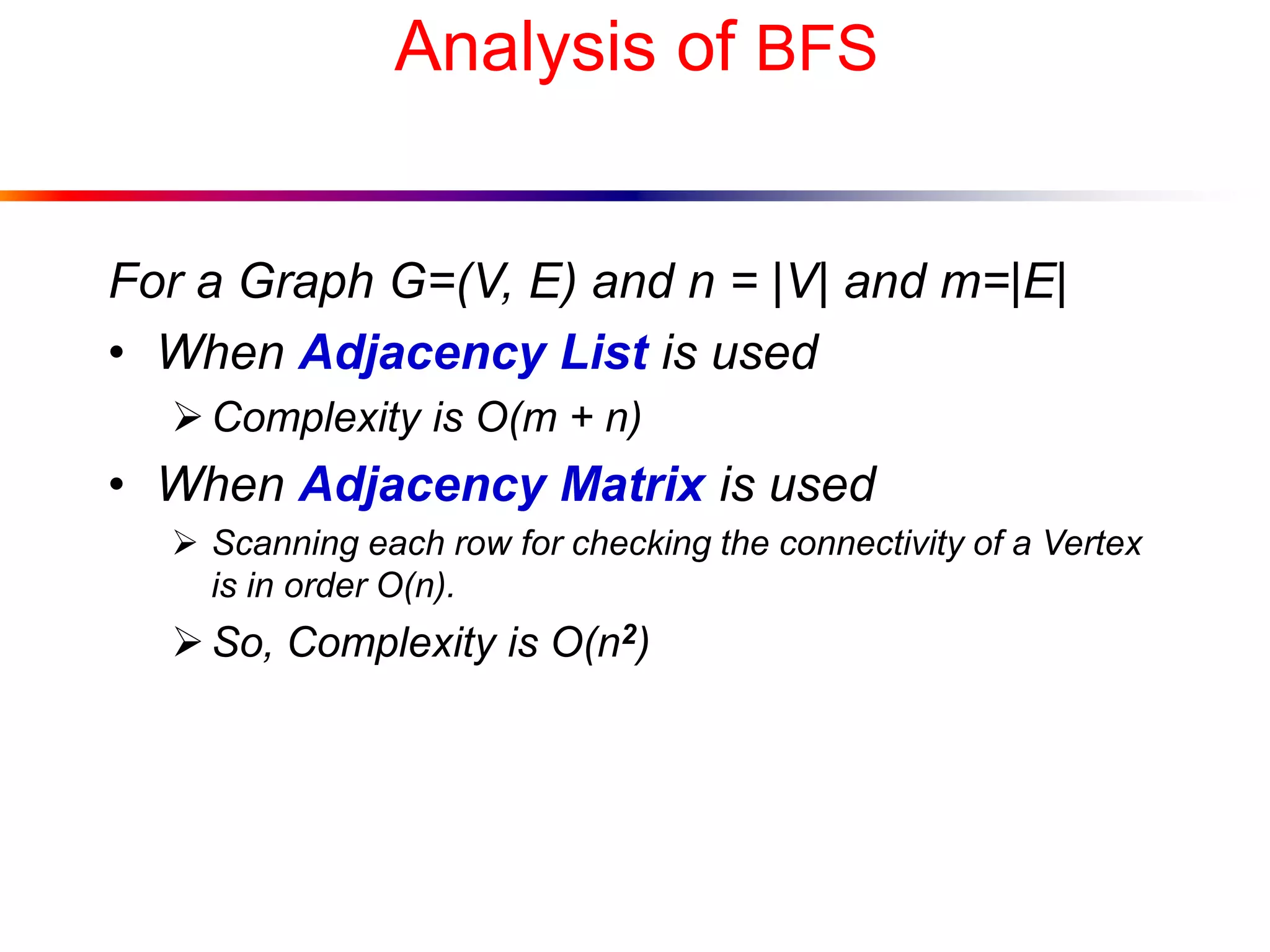 Analysis of BFS
For a Graph G=(V, E) and n = |V| and m=|E|
• When Adjacency List is used
Complexity is O(m + n)
• When Adjacency Matrix is used
 Scanning each row for checking the connectivity of a Vertex
is in order O(n).
So, Complexity is O(n2)
 