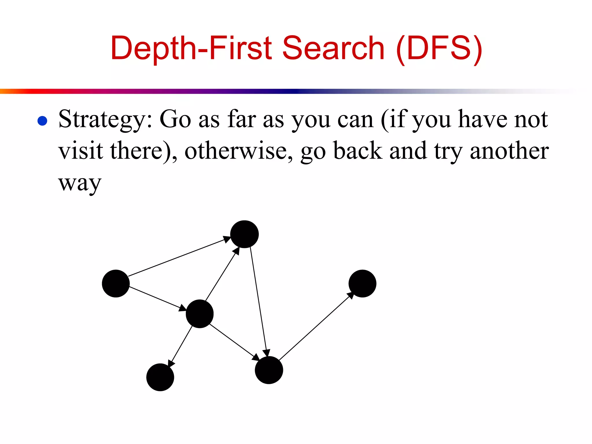Depth-First Search (DFS)
● Strategy: Go as far as you can (if you have not
visit there), otherwise, go back and try another
way
 