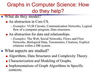 Graphs in Computer Science: How
do they help?
● What do they model?
■ An abstraction in Core CS.
○ Examples: VLSI Circuits, Communication Networks, Logical
flow of a computer program, Data structures.
■ An abstraction for data and relationships.
○ Examples: The Web, Social Networks, Flows and Flow
Networks, Biological Data, Taxonomies, Citations, Explicit
relations within a DB system.
● What aspects are studied?
■ Algorithms, Data Structures and Complexity Theory.
■ Characterization and Modeling of Graphs.
■ Implementations of Graph Algorithms in Specific
contexts.
 