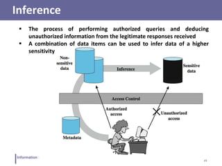 21
Information Security
Inference
 The process of performing authorized queries and deducing
unauthorized information from the legitimate responses received
 A combination of data items can be used to infer data of a higher
sensitivity
 